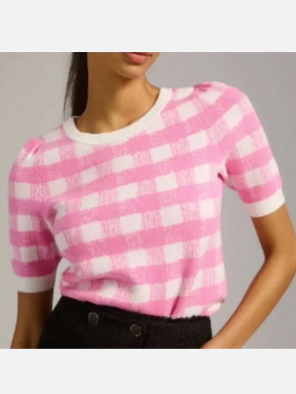 Anthro MAEVE Pink and White Gingham Short Sleeve Sweater Top